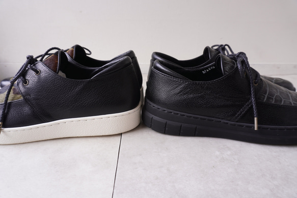 メンズ カモフラージュ柄ハラコ/クロコ型押しレザー レースアップモカスニーカー 牛革