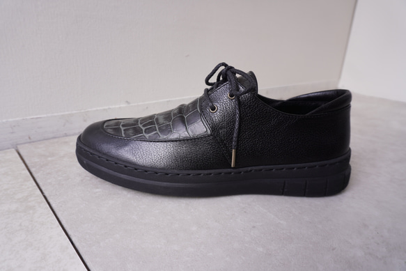 メンズ カモフラージュ柄ハラコ/クロコ型押しレザー レースアップモカスニーカー 牛革