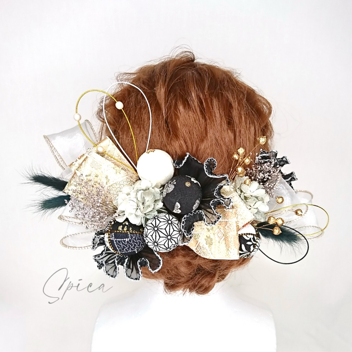 【一点限定】プリザ紫陽花とちりめん玉とリボンのヘッドドレス 成人式 卒業式 和装 和装髪飾り 黒