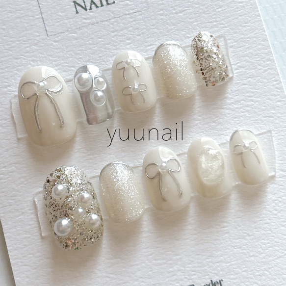 No.169 ネイルチップ ガーリーネイル リボンネイル シルバー Y2K 韓国  