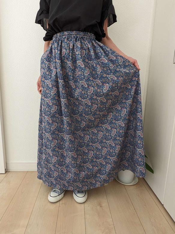 【裾上げ無料】【ポケットつき】【春夏　新作　ペイズリー柄】ウエストゴムのギャザースカート　 8枚目の画像