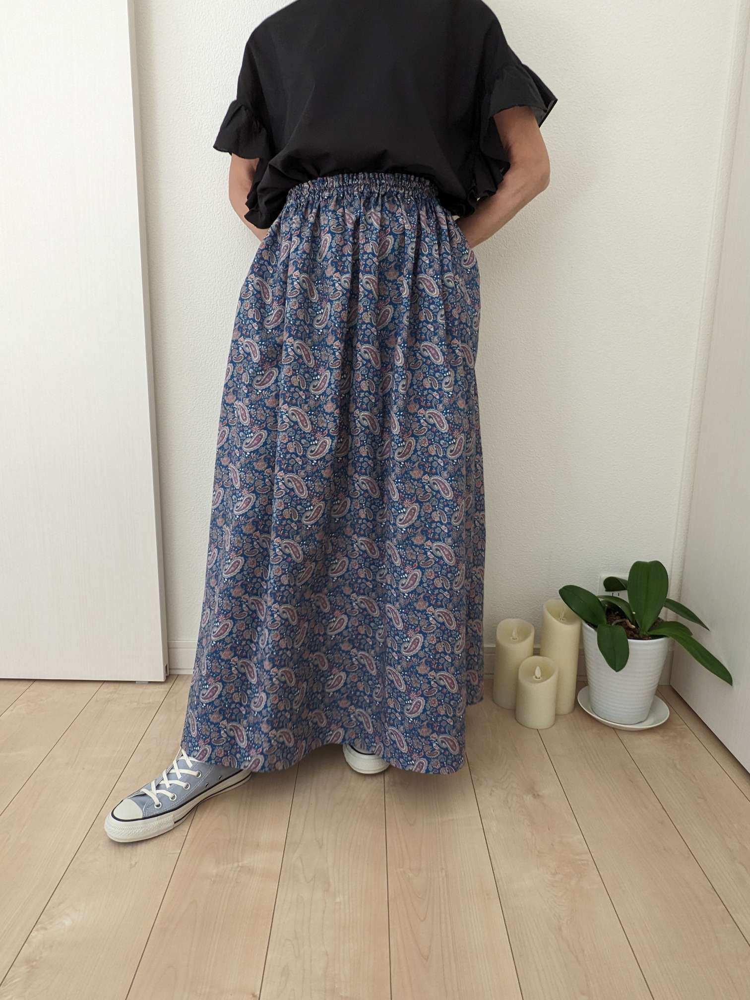 【裾上げ無料】【ポケットつき】【春夏　新作　ペイズリー柄】ウエストゴムのギャザースカート