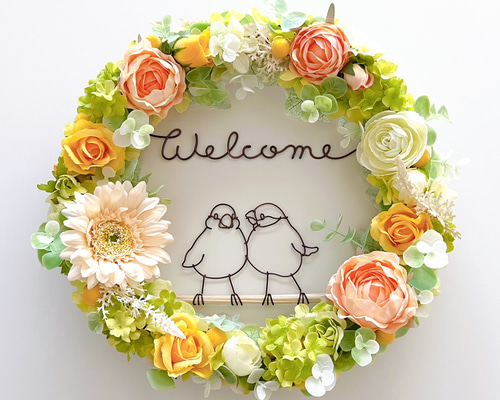 フラワーリース&文鳥さん 仲良し文鳥のWelcomeスプリングリース リース CHIKA WIRE 通販
