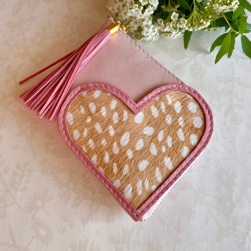 ミニ財布 コンパクト L字ファスナー ♡ ハートモチーフ ♡ 毛付き革  