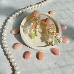 粉紅色蛋白石天然石耳環擺動金色柔和顏色大寶石耳環 第14張的照片