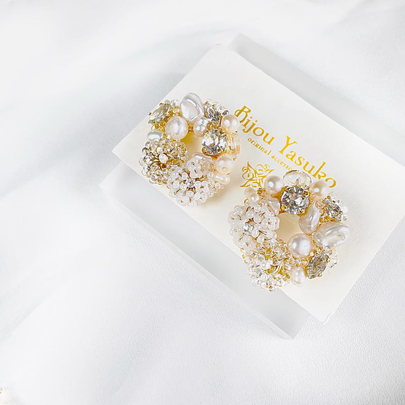 淡水珍珠圓形耳環珍珠施華洛世奇耳環寶石白色婚禮邀請卡正式 第3張的照片