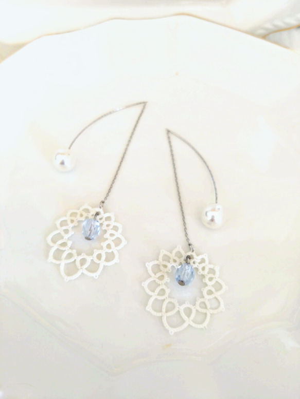 *＊。bianco puro細糸*＊。タティングレース ピアス*＊。純白＊細糸＊ピアス イヤリング＊ホワイト レース＊真 3枚目の画像