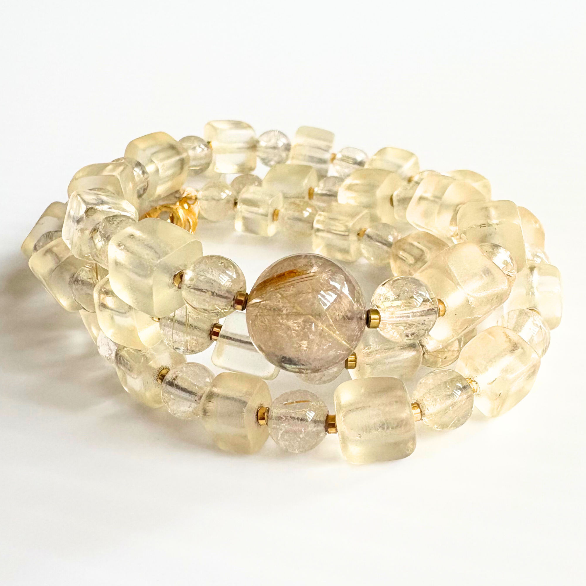 【B78】　金針水晶　ゴールデンルチルクォーツ　アンティークスクエアグラス　ネックレス　天然石　天然石ビーズアクセサリー