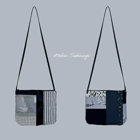 〈一点もの〉cut cloth bag スクエアサコッシュ/monotone & silver 1枚目の画像