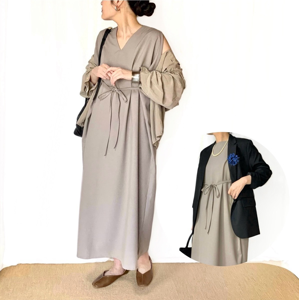 「カジュアル〜フォーマル着も出来る」2WAYロングワンピ (グレージュ)