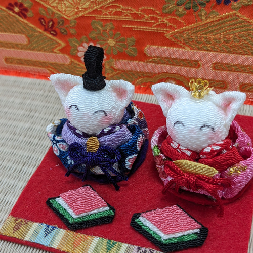 微笑む白ねこのお雛様 ちりめん細工ネコのお雛様 猫の雛人形 ひな人形