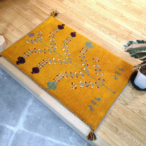 ペルシャ ギャッベ 玄関マット 88x58cm ザクロの木 黄金色 RJ12060G 