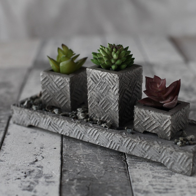 ミニ鉢セット｜盆栽やオブジェに最適｜ロビー・ハンソンのハンドクラフト_The 網代格子_セメント仕様