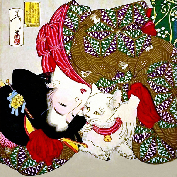 月岡芳年作、猫と美人の木枠付きフォトタイル（S-サイズ）（日本の名画シリーズ） 2枚目の画像
