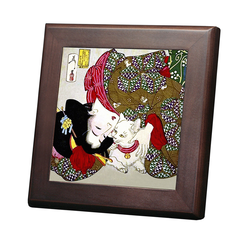 手作り額付きシルクスクリーン応用絵画 title「プカプカ猫 in Sky