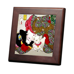 月岡芳年作、猫と美人の木枠付きフォトタイル（S-サイズ）（日本の名画シリーズ） 1枚目の画像