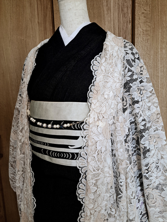 レース長羽織#アイボリー✕ベージュ#スカラップ#洗える羽織#花模様 