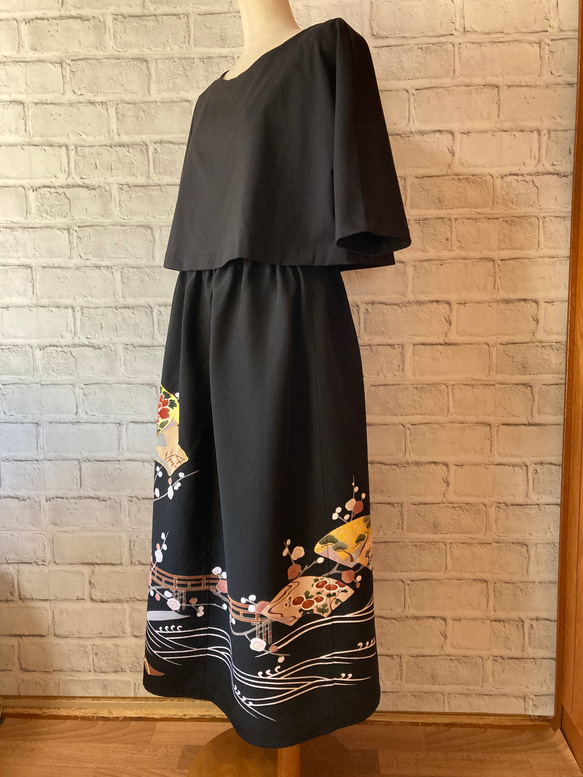 梅の花　黒留袖リメイク　絹　ギャザースカート 2枚目の画像