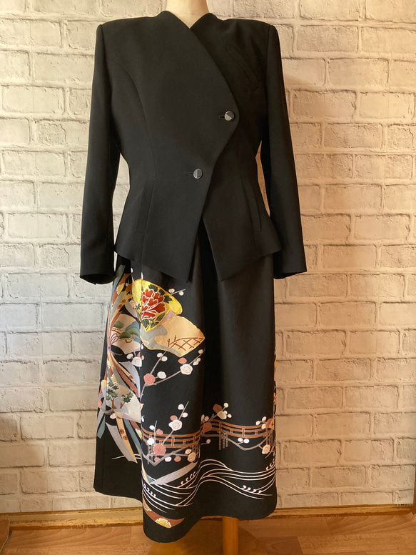 梅の花　黒留袖リメイク　絹　ギャザースカート 8枚目の画像