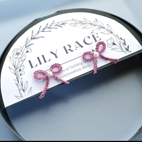 にしきいと】タティングレース ちょこんとリボンとパールのピアス