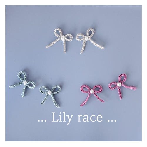 にしきいと】タティングレース ちょこんとリボンとパールのピアス