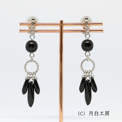 NO.93 イヤリング ピアス チェコビーズ【ジェット】ラウンド＆ダガー 