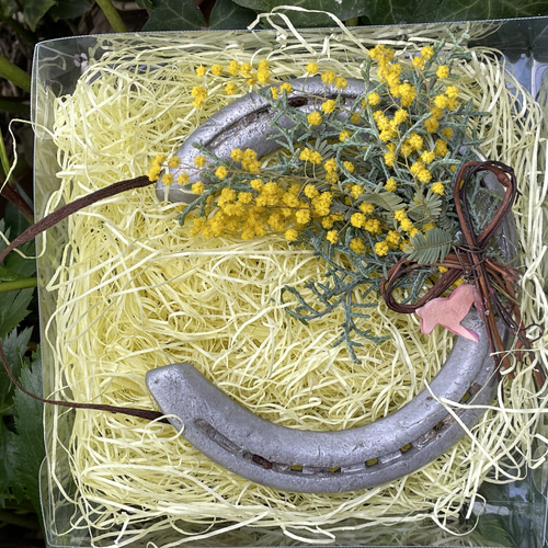 幸せの花 ミモザのあしらった蹄鉄のアレンジ ドライフラワー Felicia