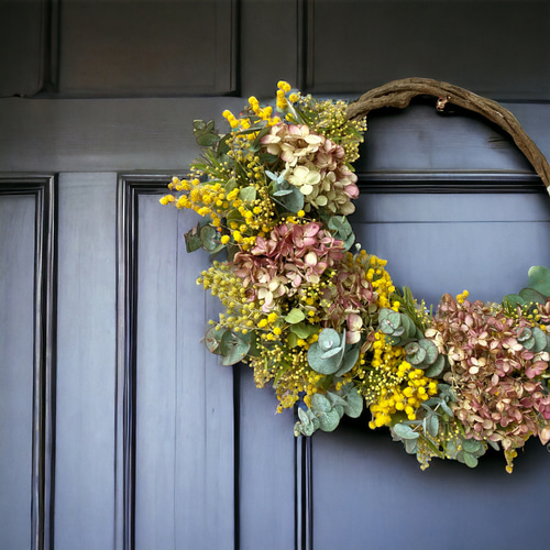 ミモザと紫陽花のドライフラワーリース 春リース 紫陽花リース 結婚  