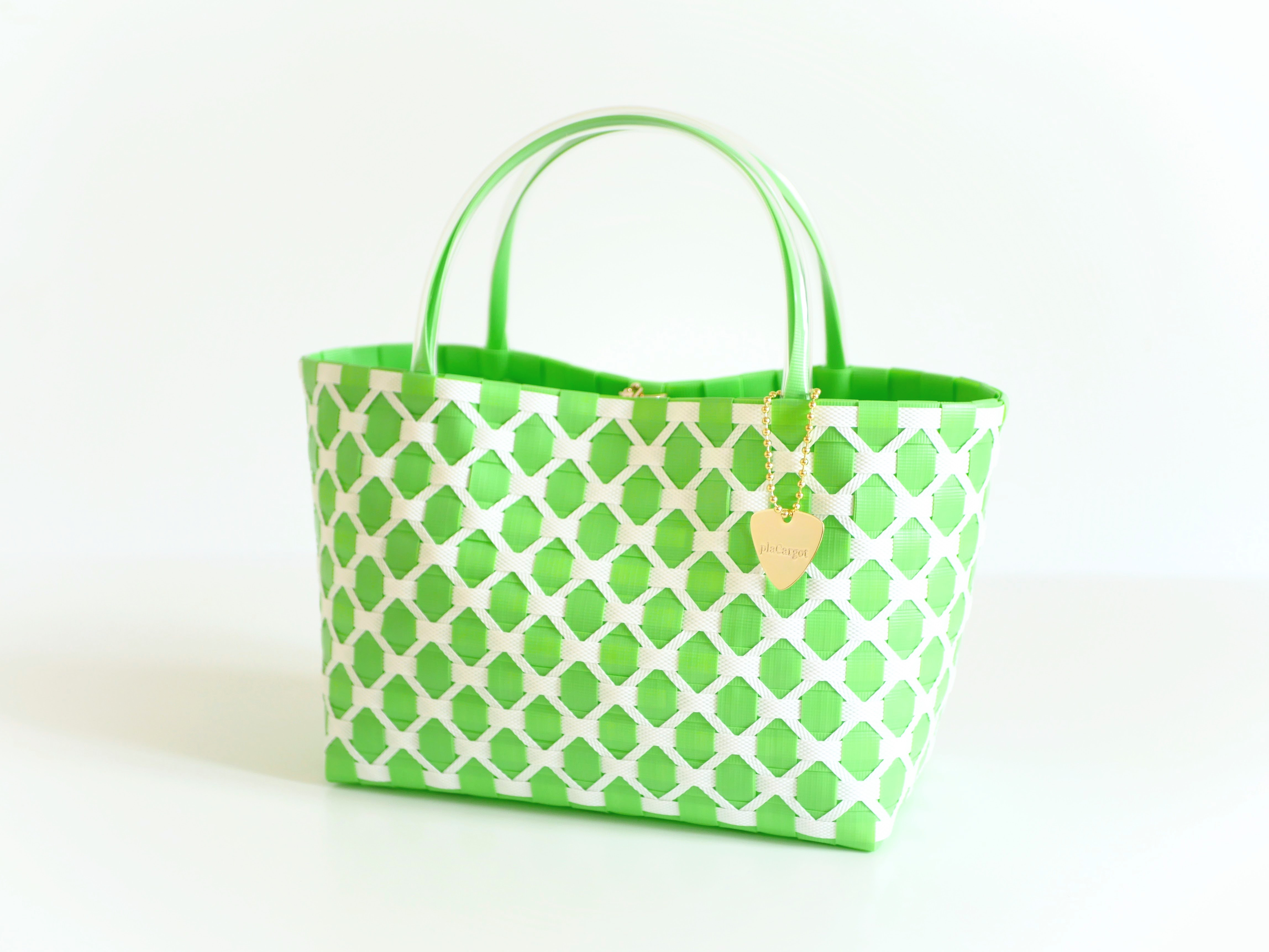 【S＋サイズ】ダイヤ柄 アップルグリーン　2WAYプラカゴバッグ　かごバッグ
