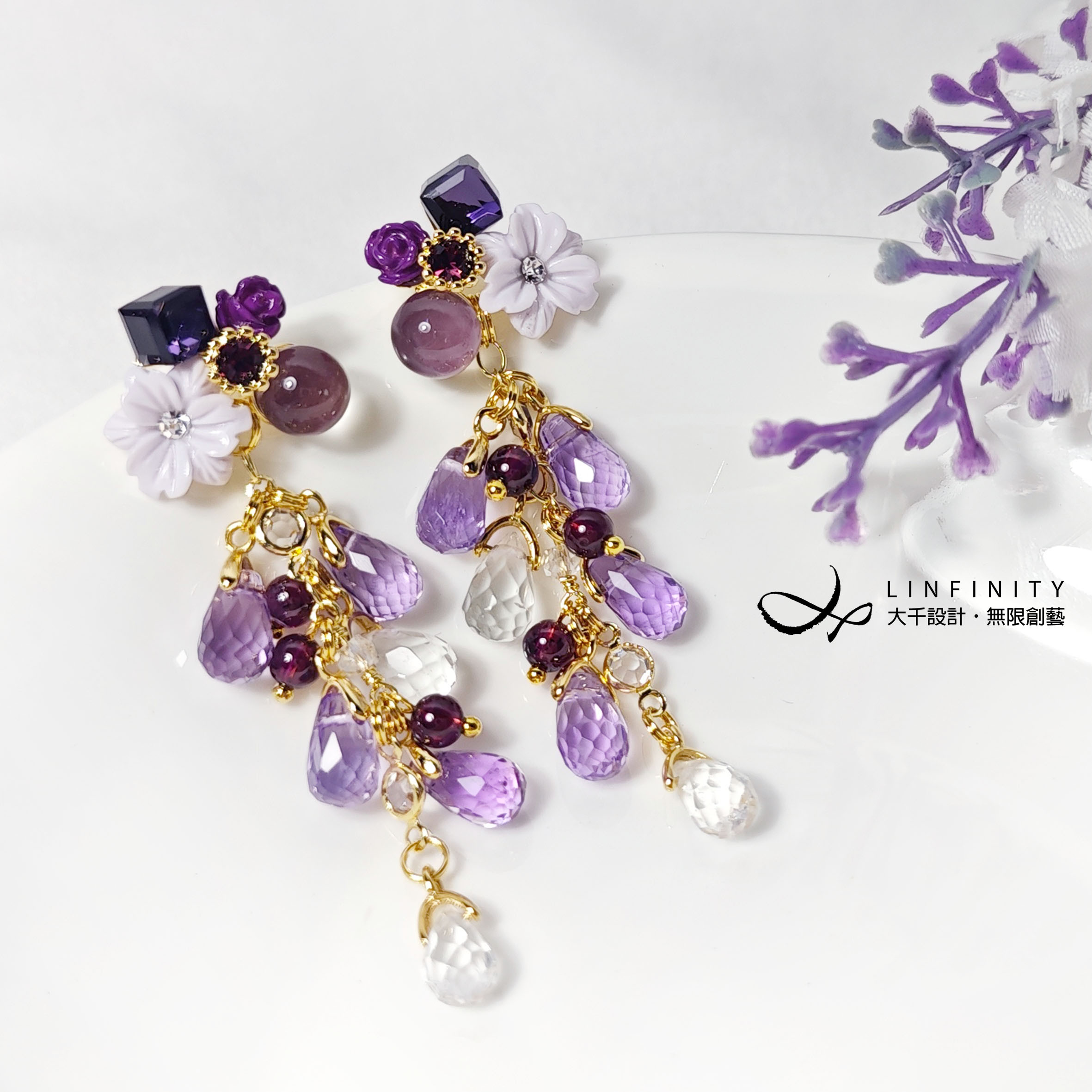 限定版最高級アメジスト、ホワイトクリスタル、レッドザクロ、藤の花の穂、深紅と紫のスマートイヤリング