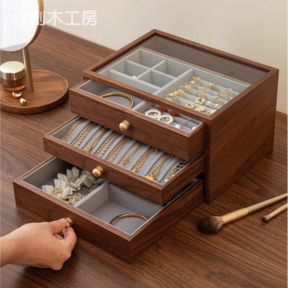 一目で惹かれ～水波紋 花柄のアクセサリーボックス 木製3段引き出し ジュエリー綺麗に収納でき 