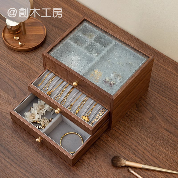 一目で惹かれ～水波紋 花柄のアクセサリーボックス 木製3段引き出し ジュエリー綺麗に収納でき 