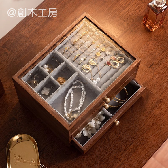 一目で惹かれ～水波紋 花柄のアクセサリーボックス 木製3段引き出し ジュエリー綺麗に収納でき 