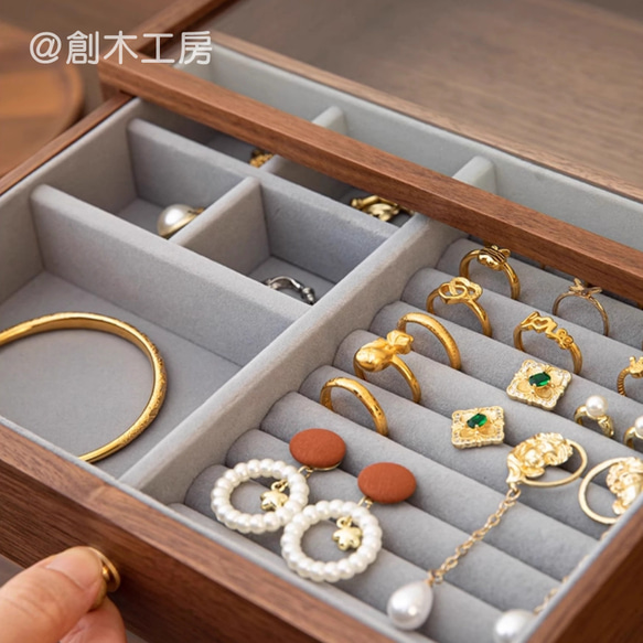 一目で惹かれ～水波紋 花柄のアクセサリーボックス 木製3段引き出し ジュエリー綺麗に収納でき 