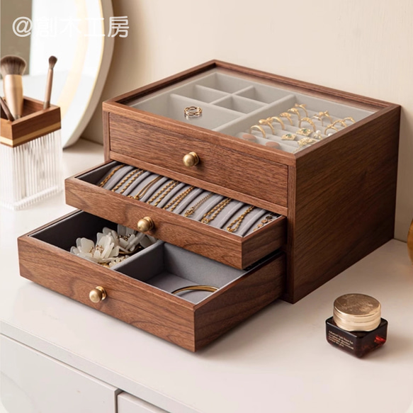 一目で惹かれ～水波紋 花柄のアクセサリーボックス 木製3段引き出し ジュエリー綺麗に収納でき 