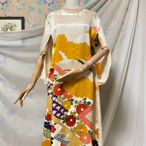 着物リメイク 振袖 友禅染 ケープスリーブドレス ハンドメイド