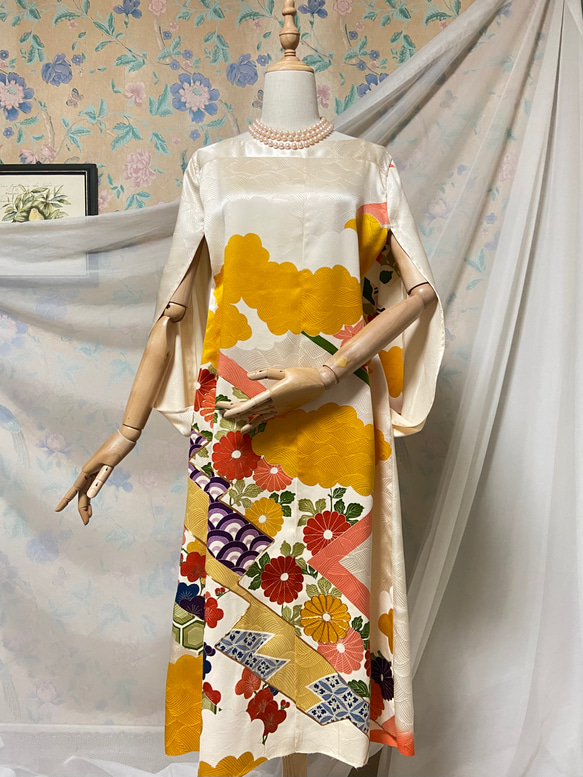 着物リメイク 振袖 友禅染 ケープスリーブドレス ハンドメイド  