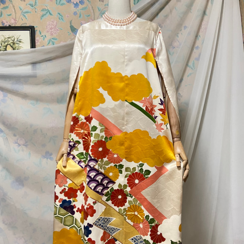 着物リメイク 振袖 友禅染 ケープスリーブドレス ハンドメイド