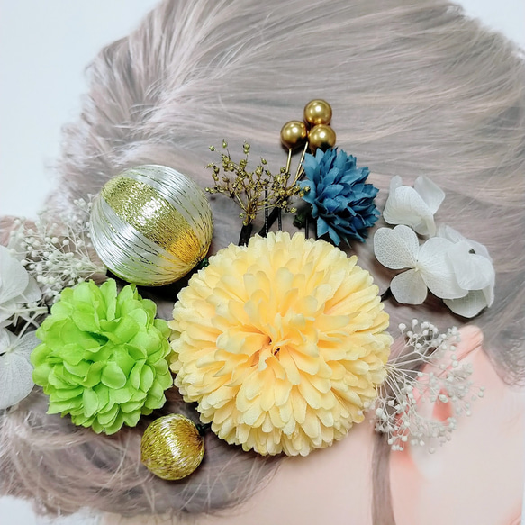 成人式用髪飾りセット（黄色）　卒業式　結婚式　かすみ草　着物　成人式　振袖　ヘッドドレス　ヘアアクセ　袴 3枚目の画像