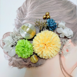 成人式用髪飾りセット（黄色）　卒業式　結婚式　かすみ草　着物　成人式　振袖　ヘッドドレス　ヘアアクセ　袴 1枚目の画像