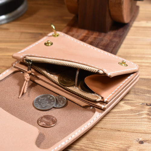 ショートトラッカーウォレット130 栃木レザー ナチュラル 手縫い 二