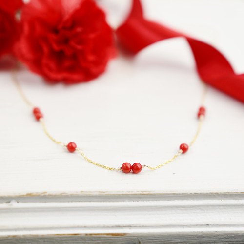 14kgf ネックレス ・Ⅱ】赤珊瑚 3月誕生石 華奢 ステーション