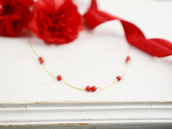 14kgf ネックレス ・Ⅱ】赤珊瑚 3月誕生石 華奢 ステーション