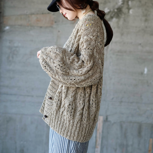 春アウターに！春色ニットの手編みカーディガン （24s-01）カーキ  