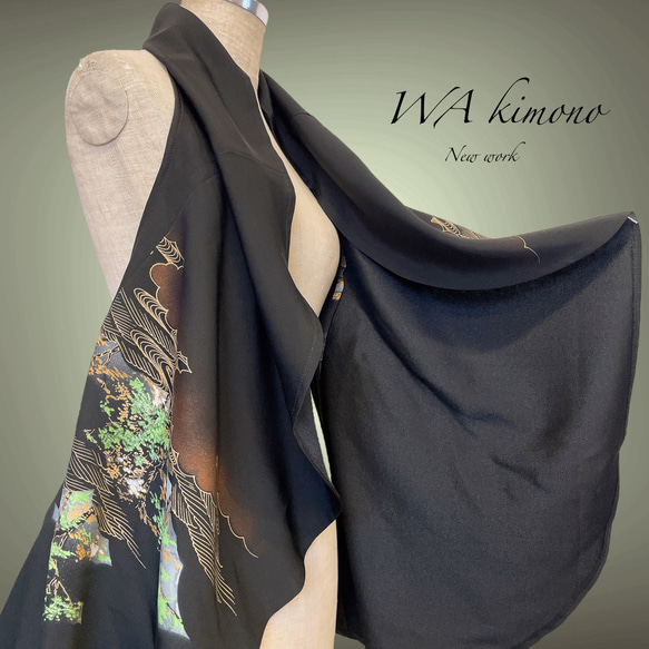 ブラック羽織 煌めく金糸 タックカーディガン ベスト着物リメイク 黒 70606 ブラック羽織 煌めく金糸 タックカーディガン ベスト着物