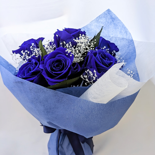 プリザーブドフラワー青い薔薇9輪とかすみ草の花束 プリザーブド