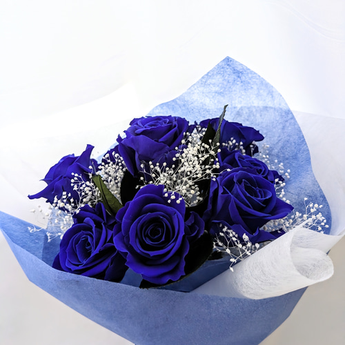 日本人気超絶の プリザーブドフラワー青い薔薇9輪とかすみ草の花束 プリザーブド 花束・アレンジメント