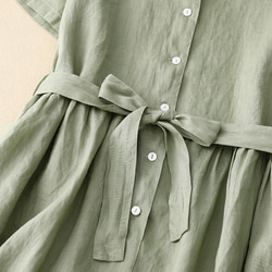 夏の綿麻ワンピース、半袖ワンピース【3色、グリーン、薄いベージュ、ネイビー】ロング丈スカート、ギフト、 2枚目の画像