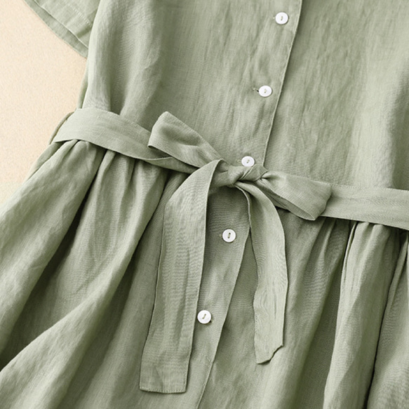 夏の綿麻ワンピース、半袖ワンピース【3色、グリーン、薄いベージュ、ネイビー】ロング丈スカート、ギフト、 2枚目の画像