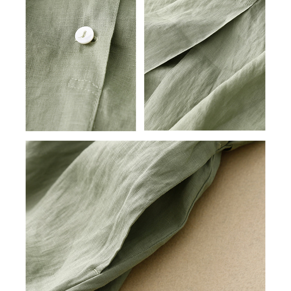 夏の綿麻ワンピース、半袖ワンピース【3色、グリーン、薄いベージュ、ネイビー】ロング丈スカート、ギフト、 3枚目の画像